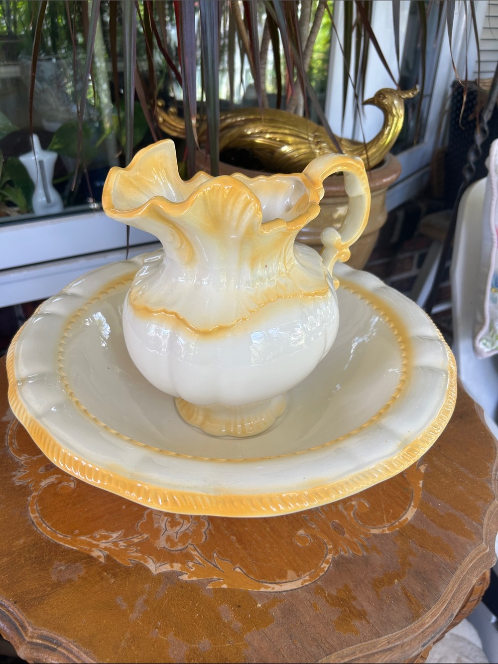 Vintage Cream and Yellow Porcelain Pitcher and Basin Set